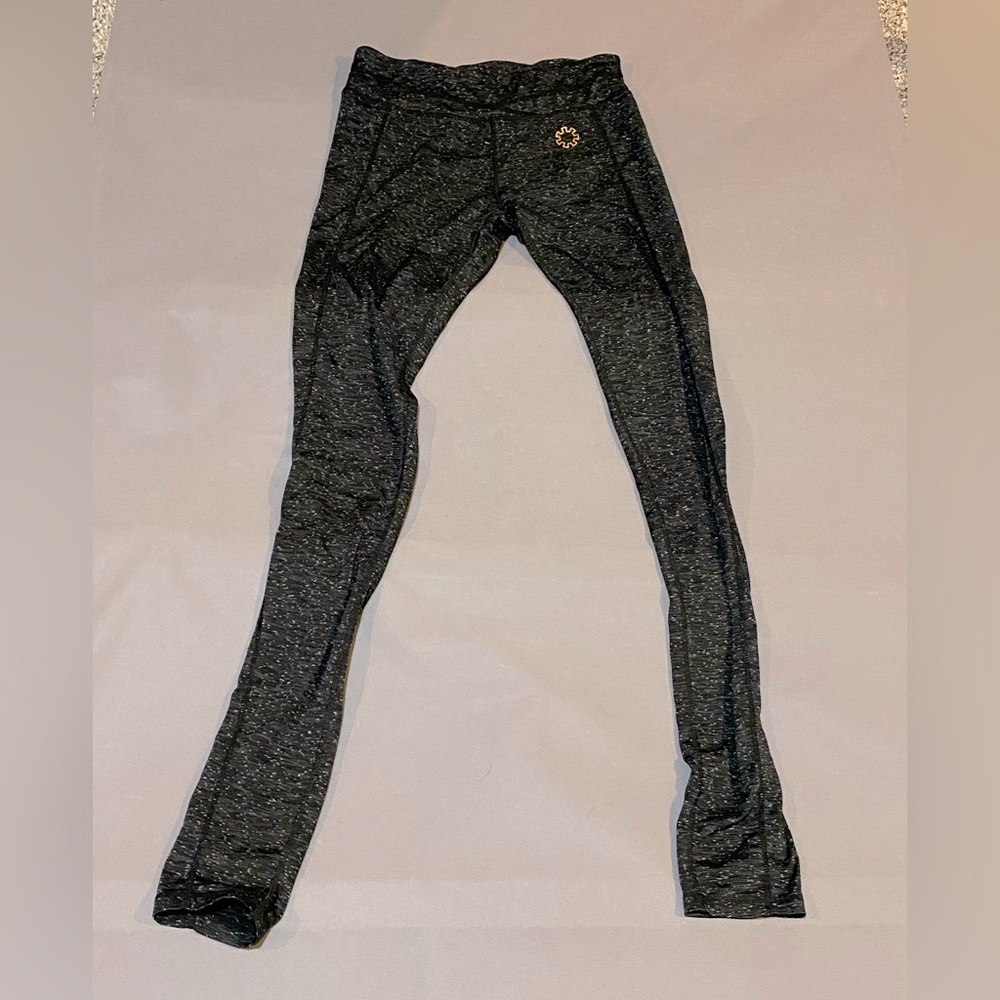 Heathered black workout pants. Made in the USA. Soft but not skin tight suction